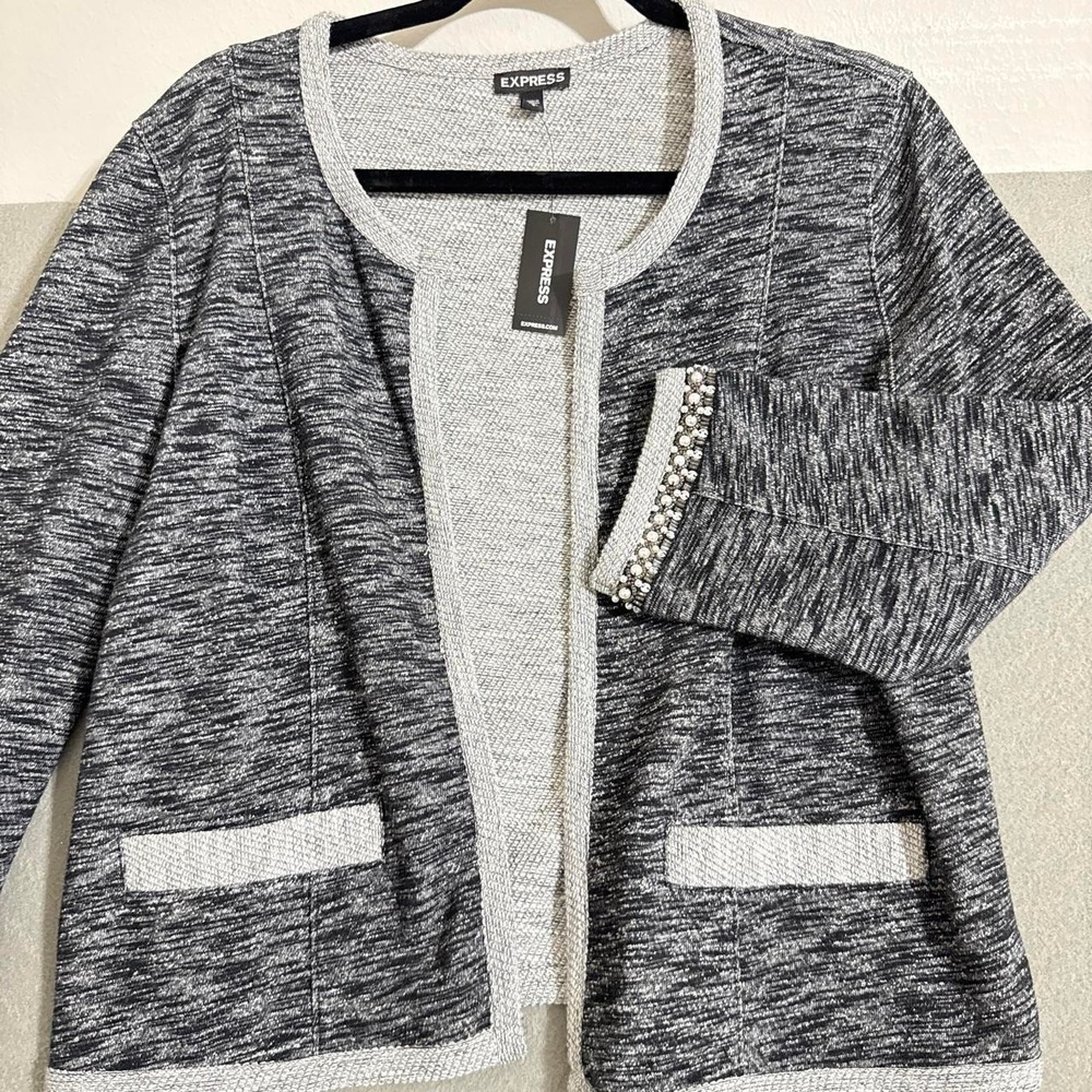 Express gray & black heathered knit cardigan jacket embellishments on the sleeve